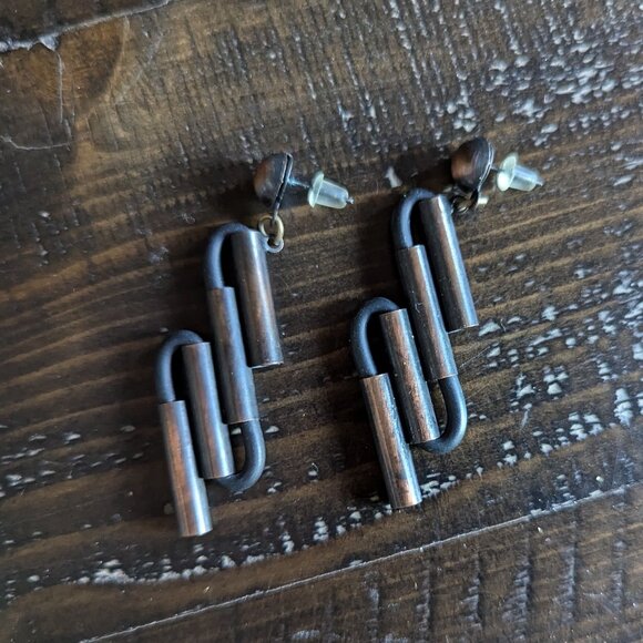 Vintage Metal Dangle Drop Earrings Industrial Avant Garde Grunge - Picture 3 of 6